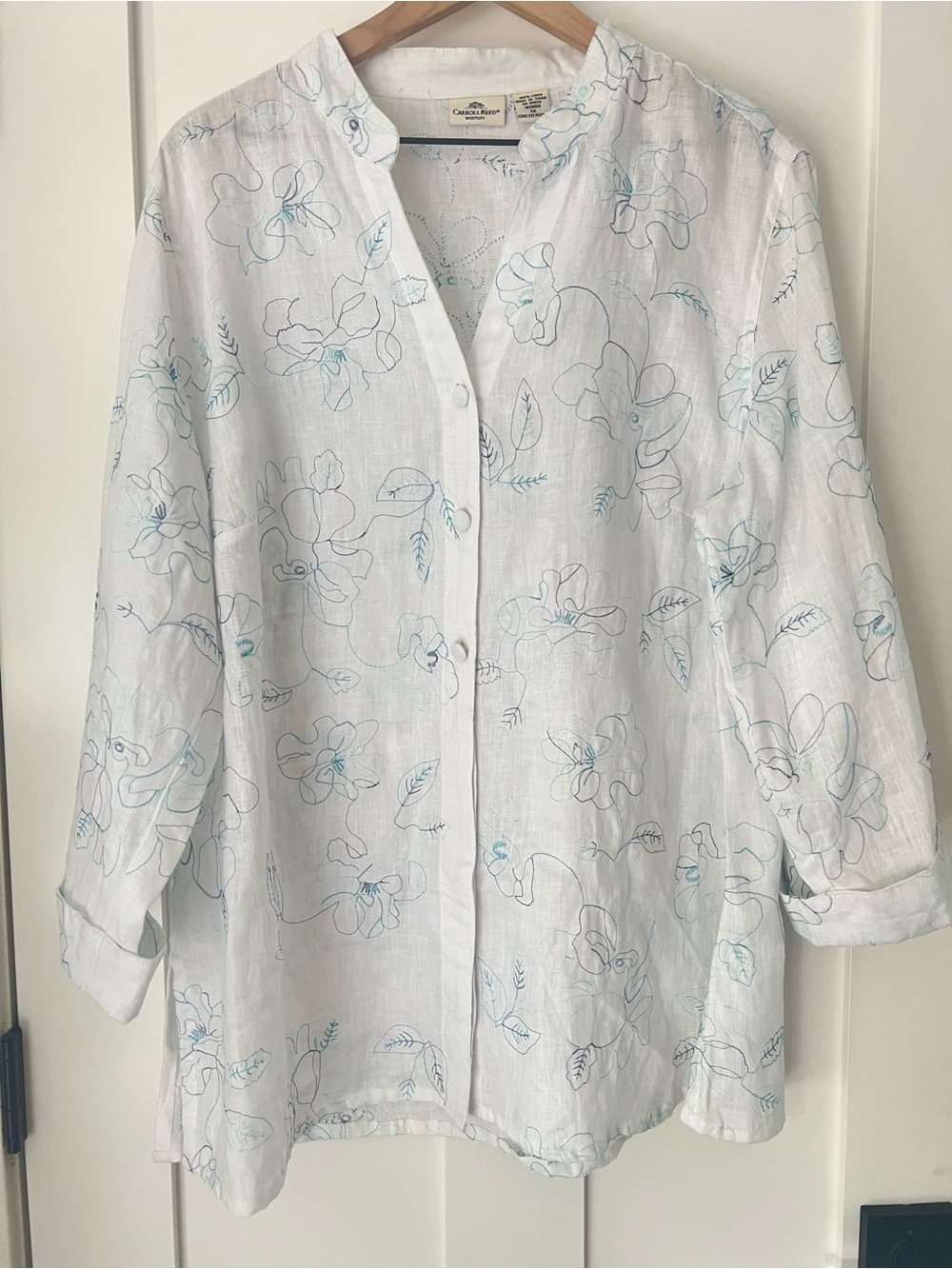 Carole Reed 1X Linen Embroidered Floral Button Front Tunic Blouse